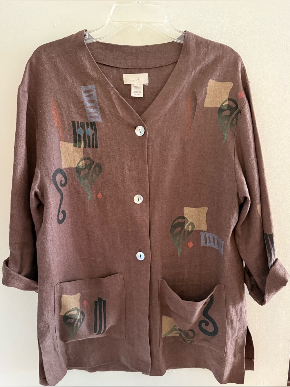 VTG J Jill Art to Wear Linen Studio Topper Jacket V Neck Painted Small USA EX++